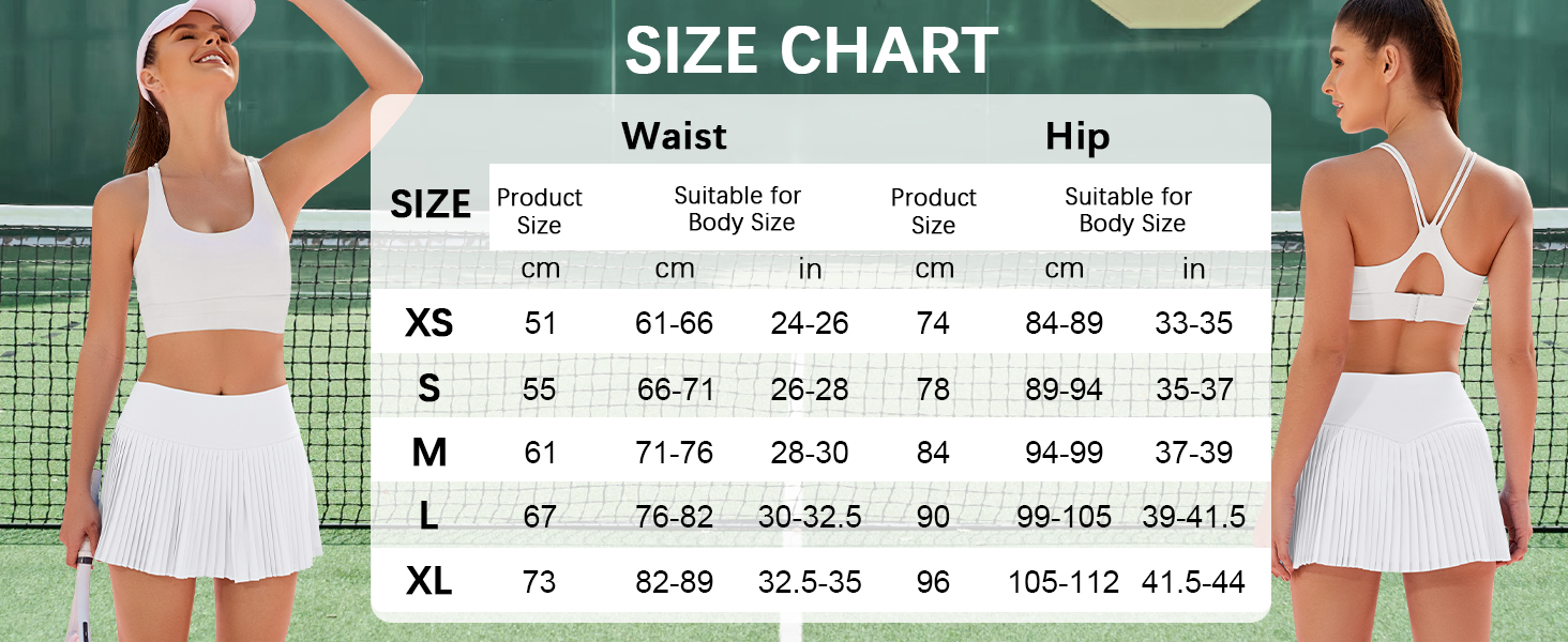 size chart for Eayouko pickleball skirts for women