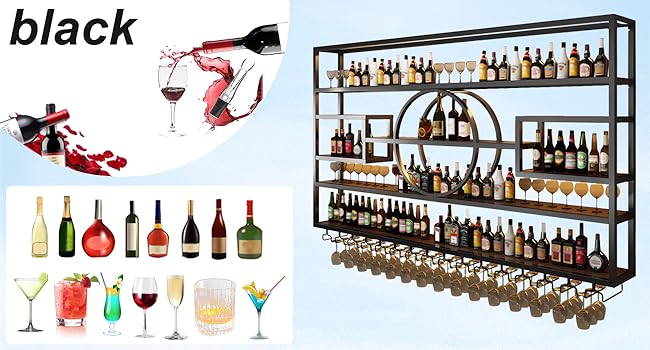 Modern Industrial Hanging liquor Bottles Shelves With Wine Glass Holder