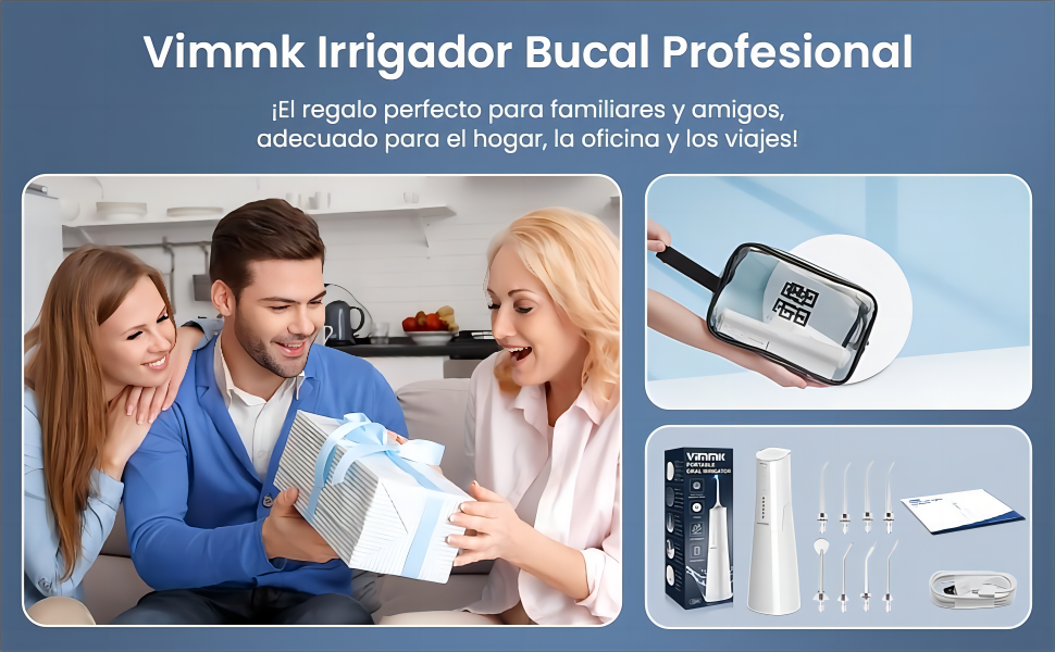Vimk Irrigador Bucal Profesional, um fio dental de água. A imagem do produto mostra o dispositivo portátil com vários anexos. Cena de presentear incluída