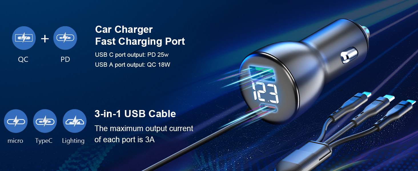 USB C Car Charger, PD 25W+QC18W with 3.9ft Coiled Cable 3