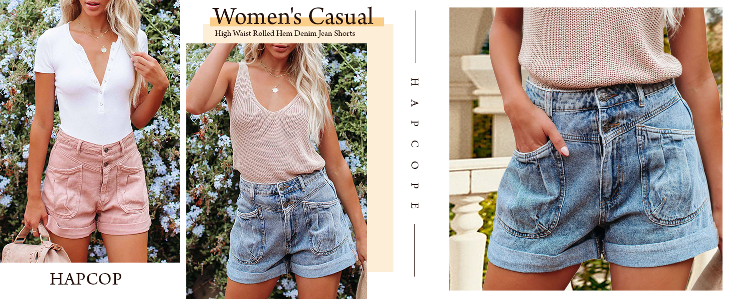 HAPCOPE Women's Casual High Waist Rolled Hem Denim Jean Shorts