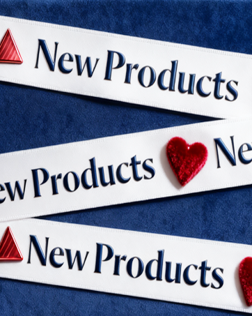 Text reads 'New Products' in white text on diagonal navy blue and white striped banner design.