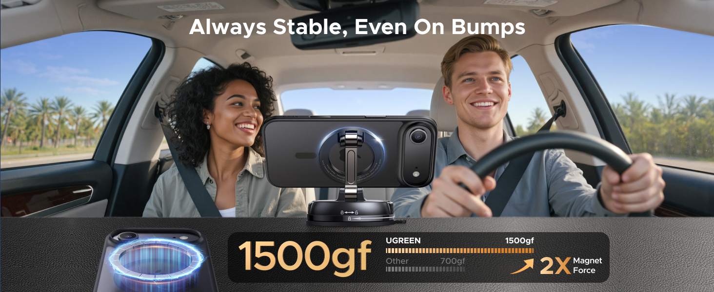 Text reads 'Always Stable, Even On Bumps' and '1500gf'. Advertisement showing car interior shot with focus on stability features.