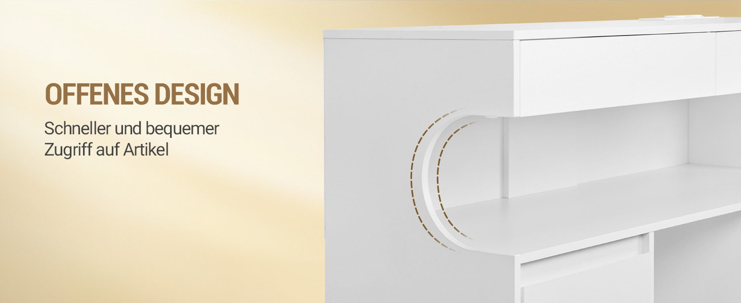 Weißes offenes Regal mit gebogenen, ausgeschnittenen Griffen. Text in Deutsch steht für „Offenes Design“ und „Schneller und bequemer Zugriff