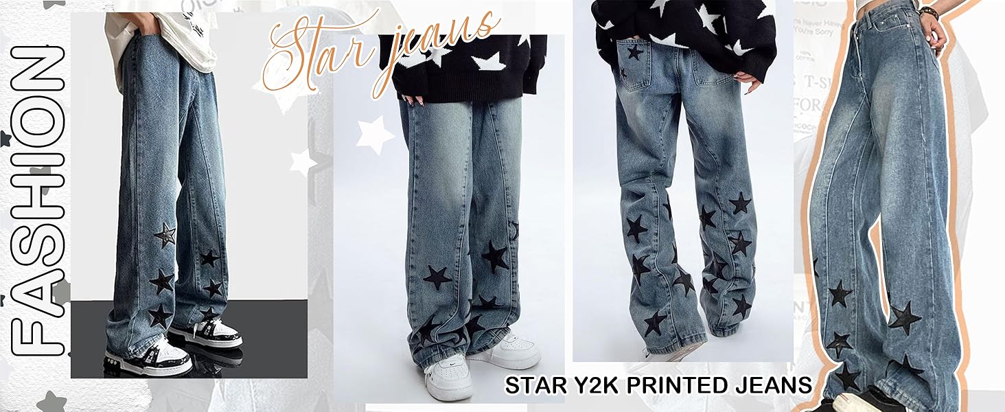 Pentagram Print Star Jeans Y2k Cargo Pants Women High Waist Cyber Y2k Jeans for Women Star Pants