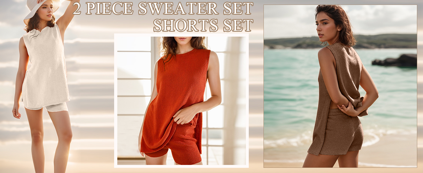 Women's 2 Piece Outfits Summer Sweater Set Sleeveless Knit Sets Two Piece Women Summer Short Sets