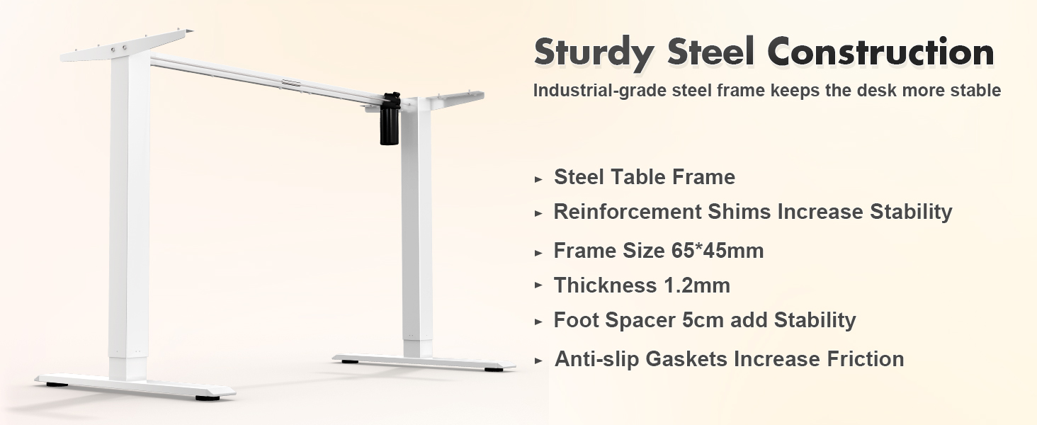White steel desk frame with adjustable height. Features include reinforcement shims, 65-48mm frame size, 1.2mm thickness, 5cm foot spacer, and anti-slip gaskets for stability.