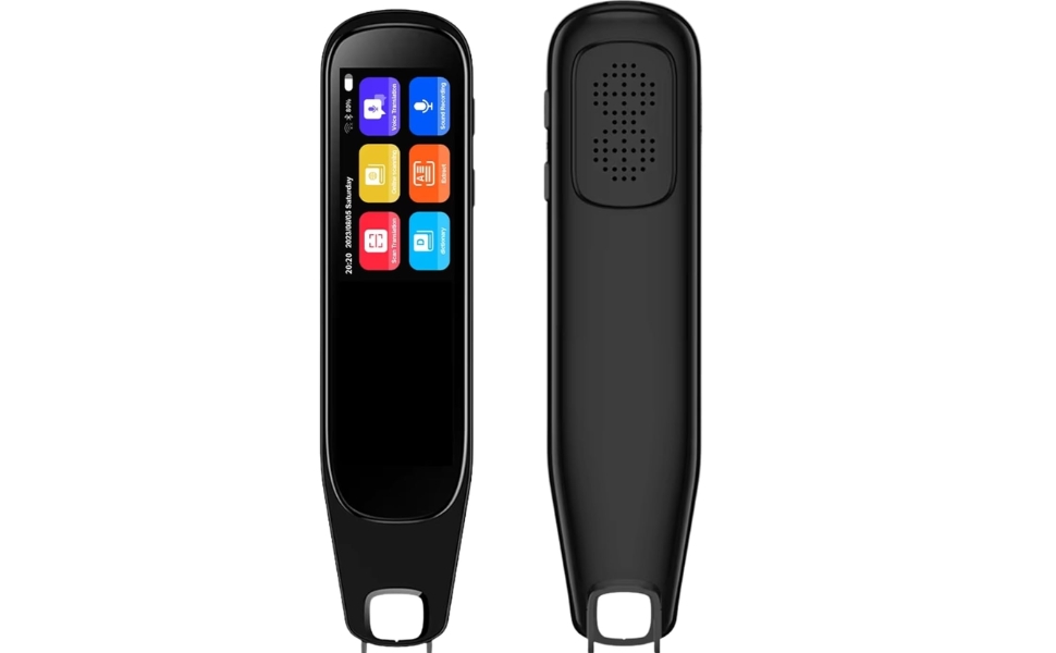 Kids language translator pen with colorful screen and buttons placed next to product packaging