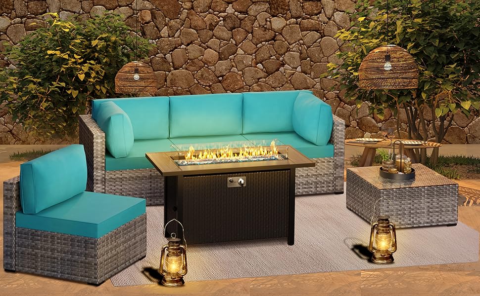 JAMFLY 6 Pieces Patio Furniture Set with Propane Fire Pit