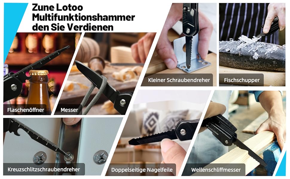 Zune Lotoo Multitool Camping Hammer, 14 in 1 Tragbares Multitool