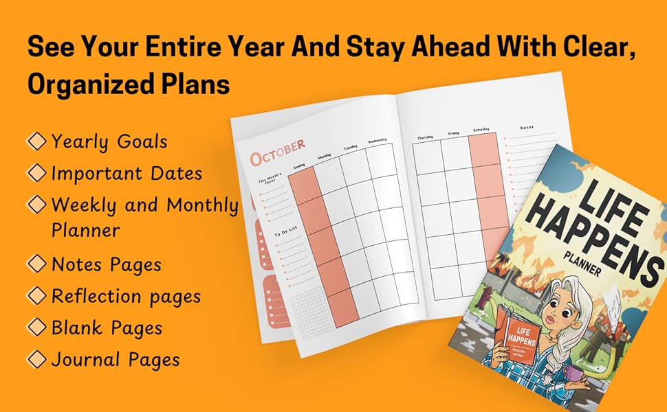 Yearly goals, Important dates, weekly and monthly planner, notes pages, reflections pages 