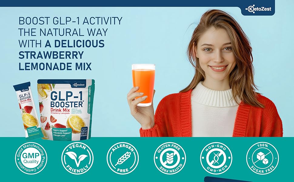 KetoZest GLP-1 Booster Strawberry Lemonade Mix - Vegan, Gluten-Free, Sugar-Free