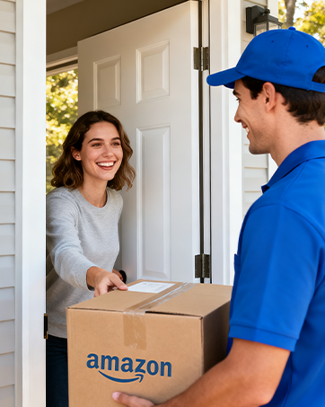 Text reads 'amazon' on cardboard box. Delivery person in blue uniform and cap delivering package at residential doorway.