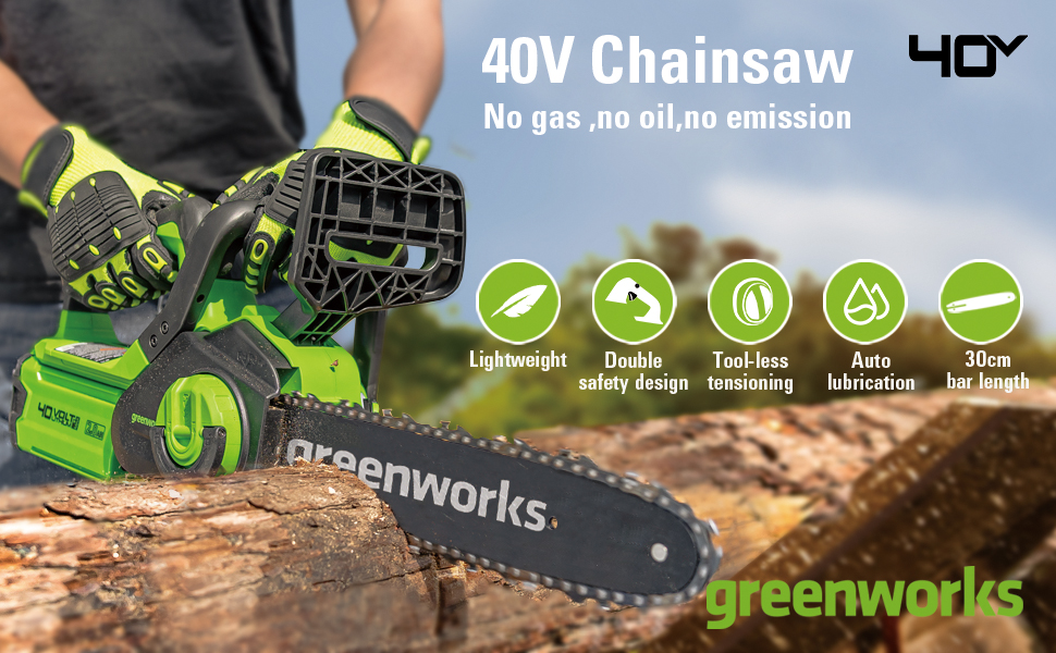 Greenworks G40CS30II Cordless Chainsaw, 30cm Bar Length, 4.2m/s Chain