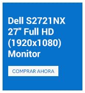 El texto dice «Dell S2721HX 27" Full HD (1920 x 1080)». Serie de imágenes de productos que muestran el monitor de un ordenador en varios ángulos y vistas.