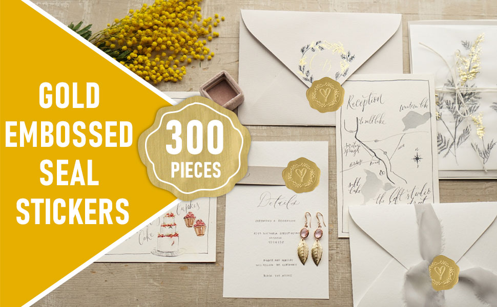 NEEKEP 300pcs Gold Embossed Wax Seal StickersWedding Envelope Adhesive Sealing StickerHeart