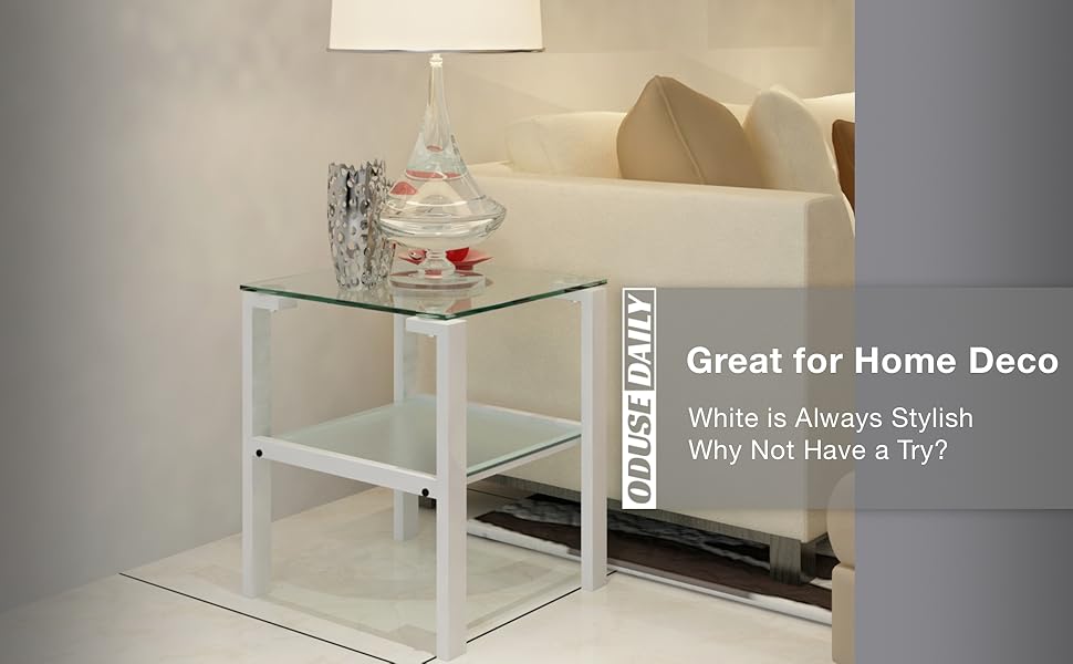 Small Glass Side Table/End Table of Modern Minimalist Design, White Metal Legs