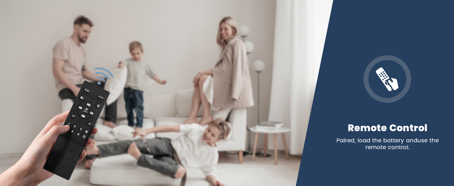 Die Hand hält eine TV-Fernbedienung im Vordergrund, während die Familie im Hintergrund des Wohnzimmers interagiert, mit dem Symbol „Fernbedienung“ und