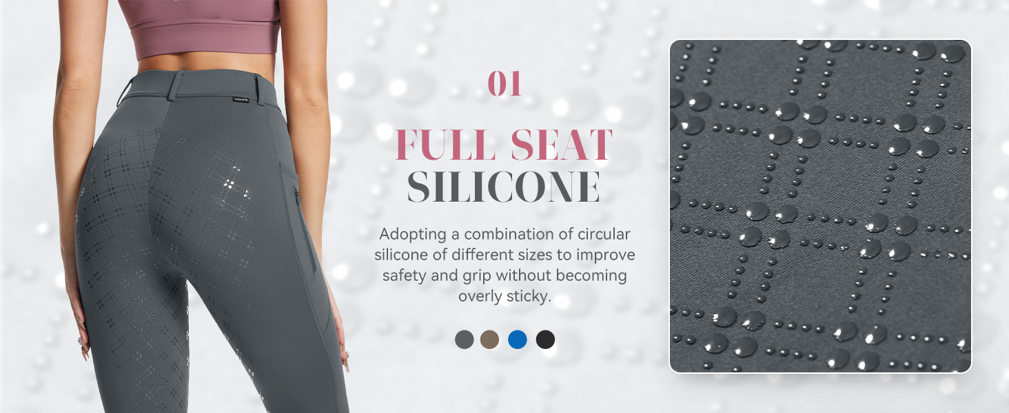 Nahaufnahme eines grauen Stoffes mit Wassertröpfchen, der wasserabweisende Eigenschaften aufweist. Auf der Texteinblendung steht „01 Full-Seat Silicone“, was auf ein Merkmal von Kleidung oder Sportbekleidung hingewiesen wurde.