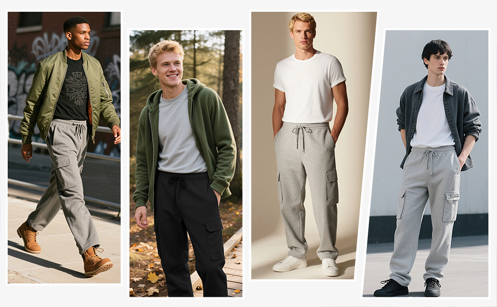 Men's Cargo Sweatpants Fleece Loose Fit Jogging Pants with Pockets Casual Hiking Sweatpants for Men