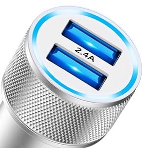 Close-up product shots of a silver metallic dual USB car charger with blue LED illumination, shown from multiple angles.