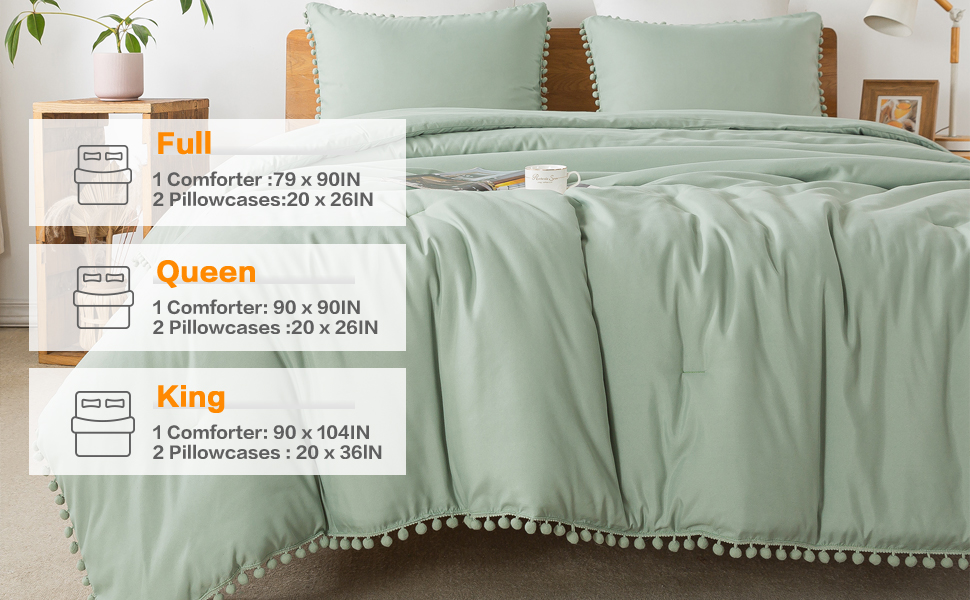 Litanika Sage Green Pom Pom Fringe Comforter Queen(90x90