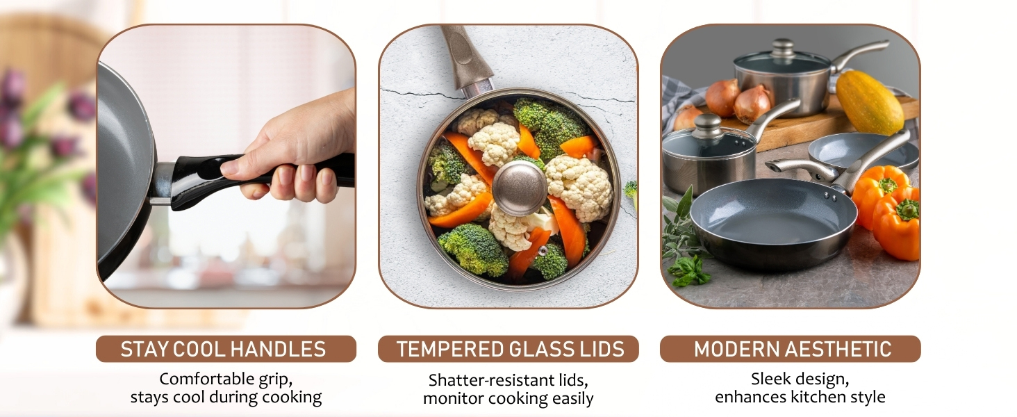 stay cool handle, tempered glass lid, modern aesthetic kitchen pans set in use, cheap pots and pans