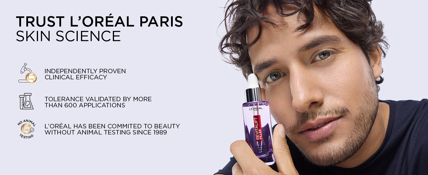 Text reads 'TRUST L'OREAL PARIS SKIN SCIENCE'. Product packaging and marketing materials shown against white background.