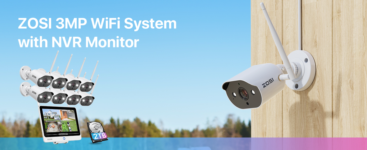 ZOSI 3MP Wireless CCTV Camera System with 12.5"Monitor, 8CH 2K NVR with