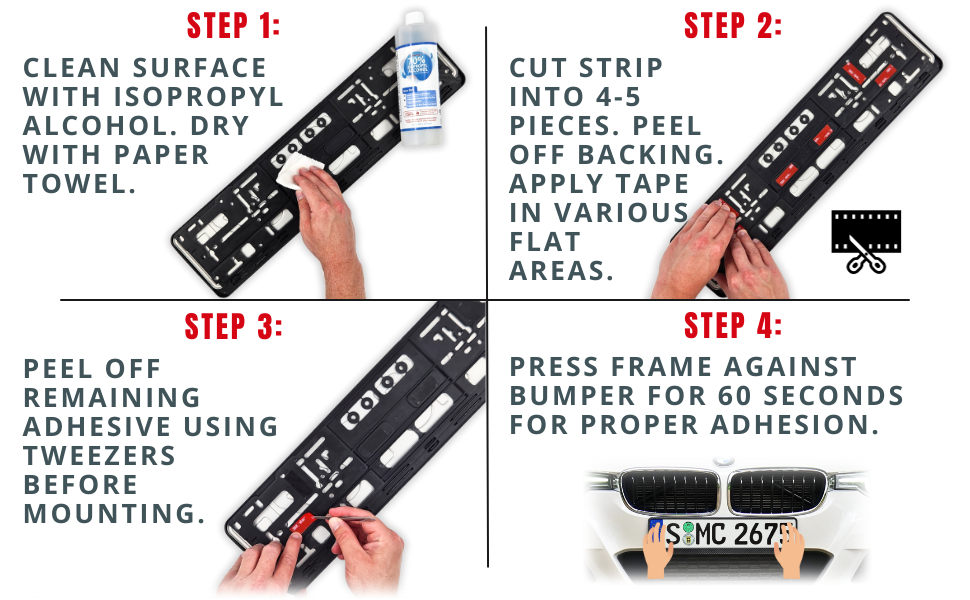 Amerito European License Plate Frame with Screws/Hardware & 3M VHB Adhesive Tape