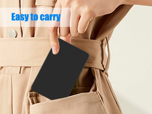 Close-up of a hand removing a slim black device from a beige pocket, with text 'Easy to carry' visible in the corner.