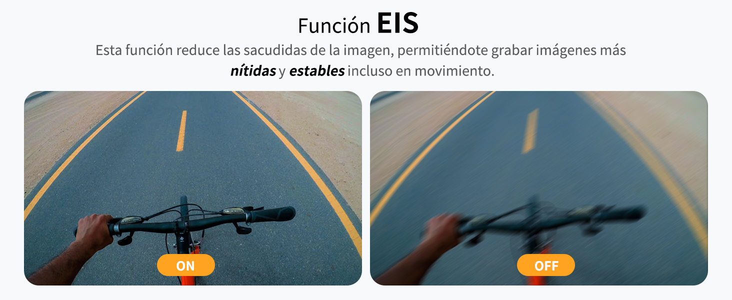 Comparación de dos imágenes de carreteras que muestran la función EIS. Imagen de la izquierda nítida, de la derecha borrosa. El manillar es visible en primer plano. El texto explica que el EIS reduce la vibración de la imagen para lograr grabaciones estables.