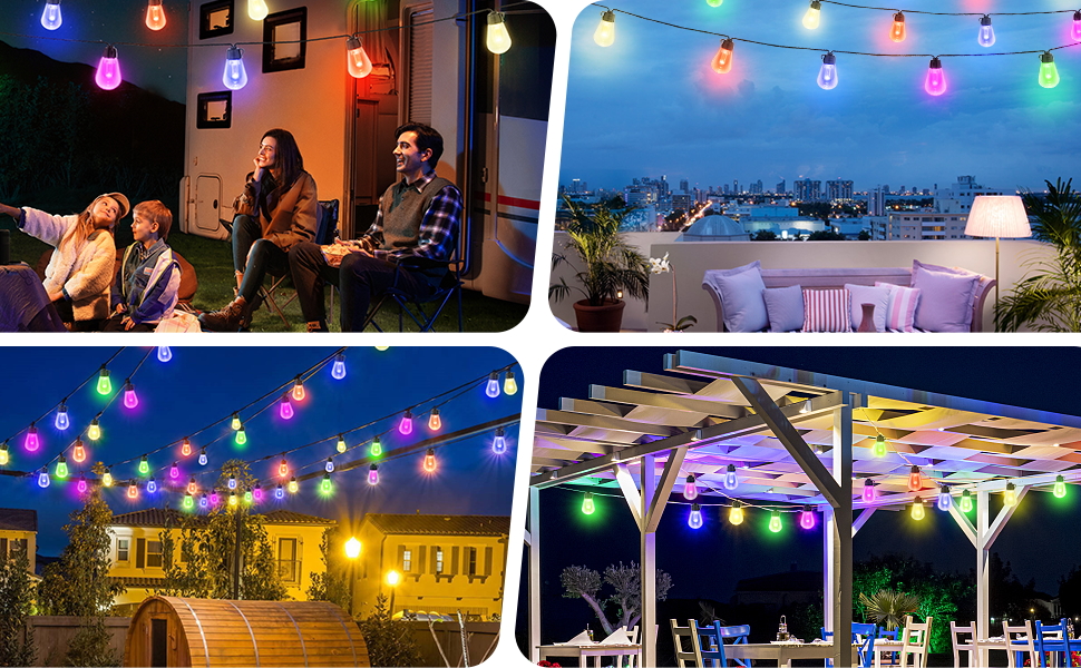 49ft 20 Bulbs RGB Patio Lights, Outdoor String Lights with Remote & APP, S14 Dimmable LED