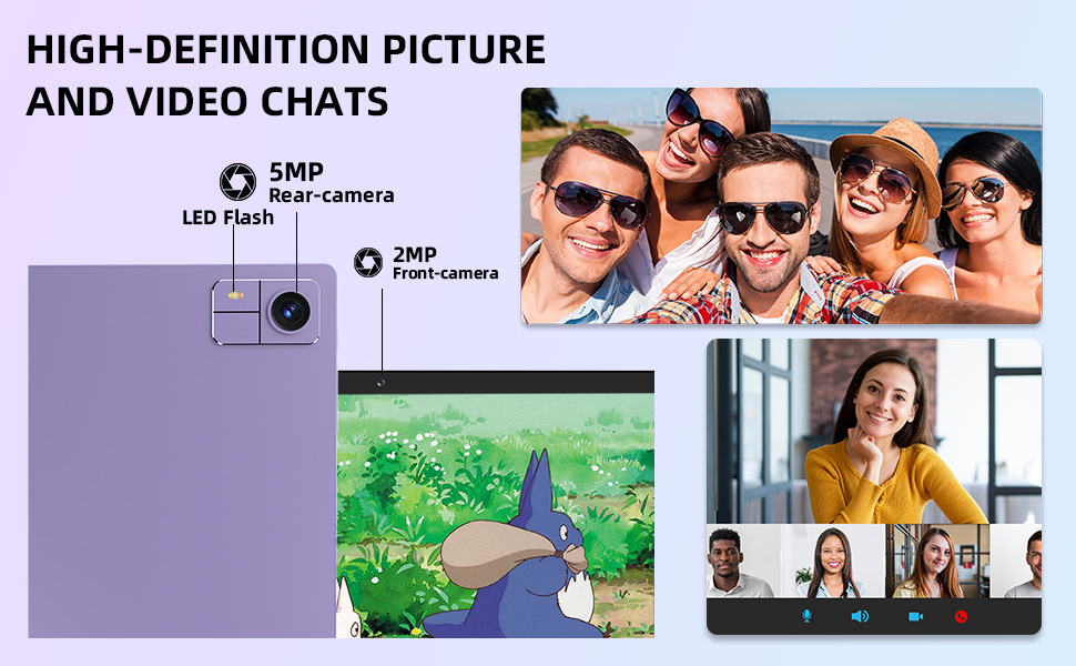 Text reads: 'HIGH-DEFINITION PICTURE AND VIDEO CHATS' '5MP camera LED flash'. Product demonstration showing video chat interface and camera capabilities.