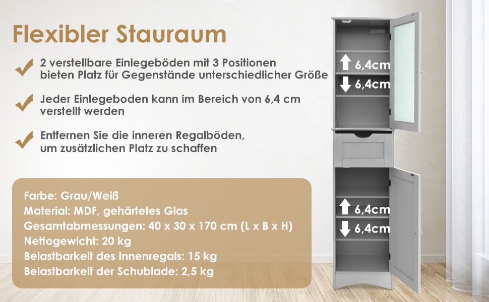 COSTWAY 170 cm Tall Bathroom with Drawer, Bathroom with