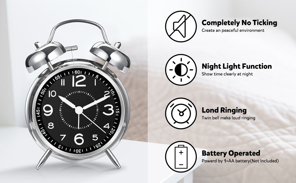 Azyh Loud Alarm Clock for Heavy Sleeper, 4 Inches Twin Bell Battery