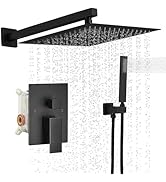 BWE Black Shower Faucet 12 Inch Square Luxury Rain Mixer Shower System Sets Complete 2-Functions ...
