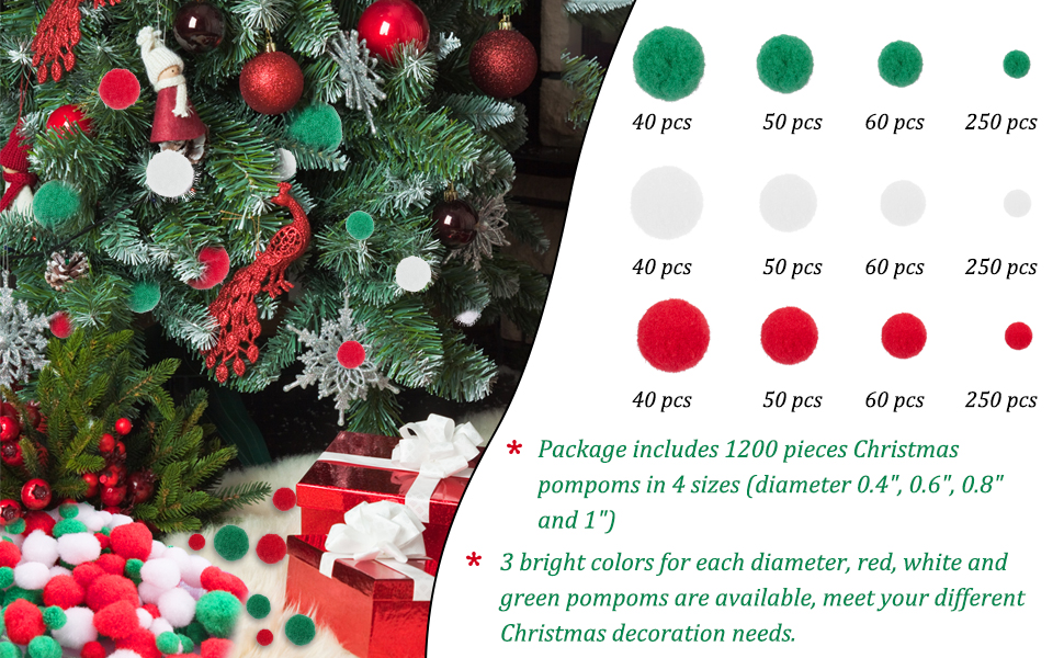 Package includes 1200 pieces Christmas pompoms in 3 colors, 4 sizes
