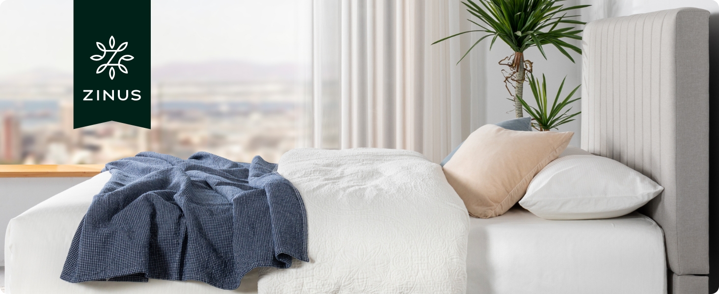 Zinus Queen Bed Frame DEBI Fabric Platform Bed Light Grey Base Mattress