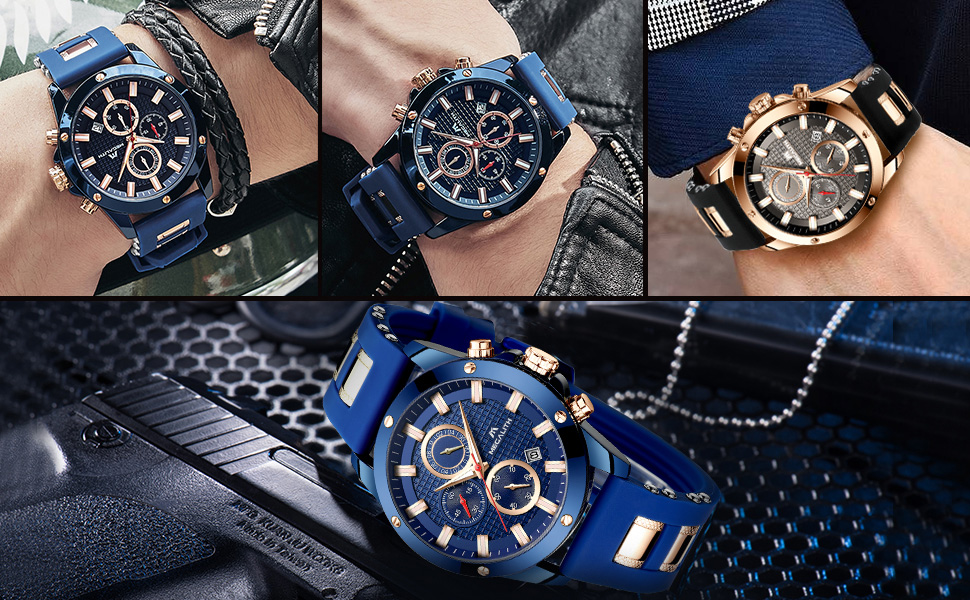 MEGALITH Mens Watches Chronograph Waterproof Watches for Men Blue Face Analogue Quartz Wrist