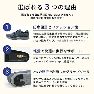 Edwin Sneakers, Waterproof, Wide, 6E, Non-Slip, Lightweight, Stylish, Easy to Wear, Slip-on 