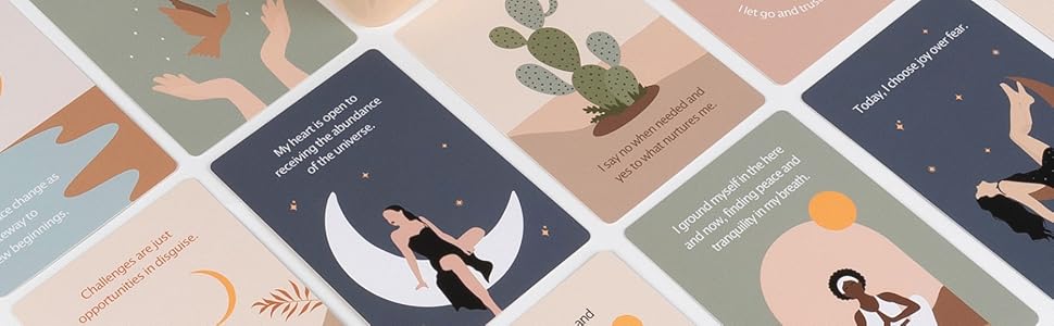 Daily positive affirmation cards in a tin box with wooden stand by MindMint