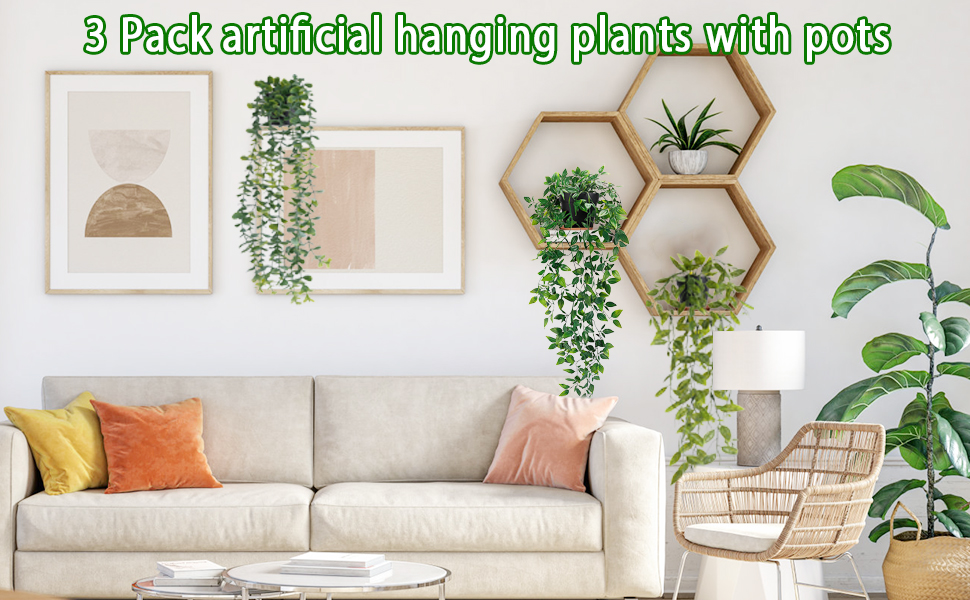 JYUHA Artificial Hanging Plants, 3 Pack Faux Hanging Plants in Pots