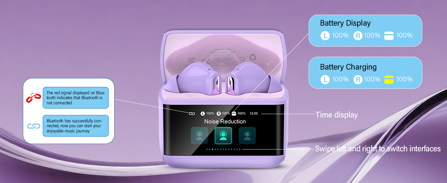 Text reads 'Battery Status' and 'Battery Charging'. Purple-tinted product interface display showing battery status indicators and charging information.