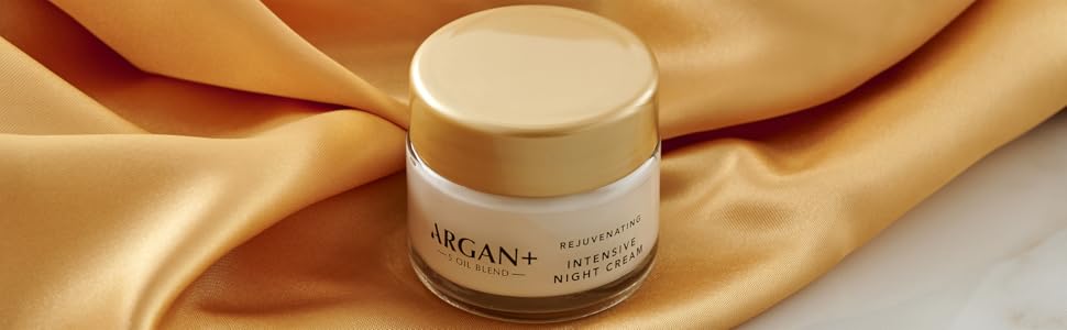 Argan+ Night cream pot on gold sheet