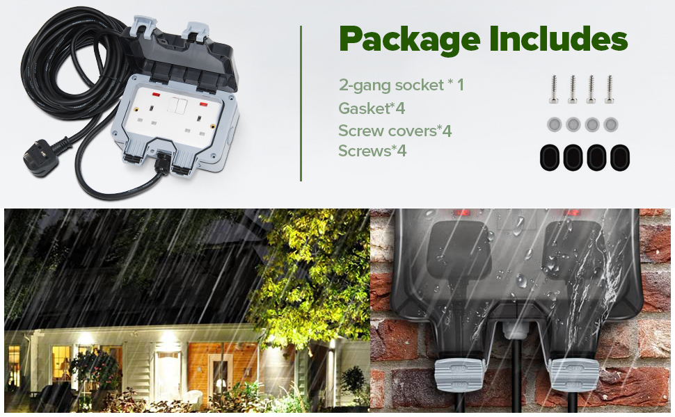 Outdoor Extension Lead 15M Waterproof IP66 Garden 2 Way Socket Long