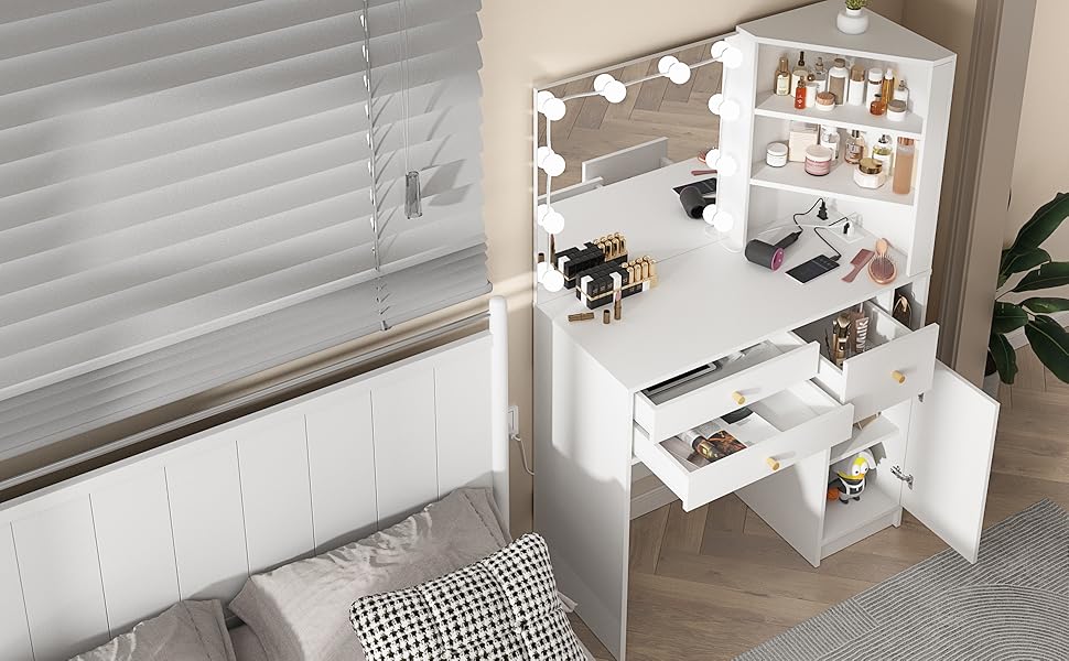 White Vanity Desk with Mirror and Lights, 3 Shelves and 3