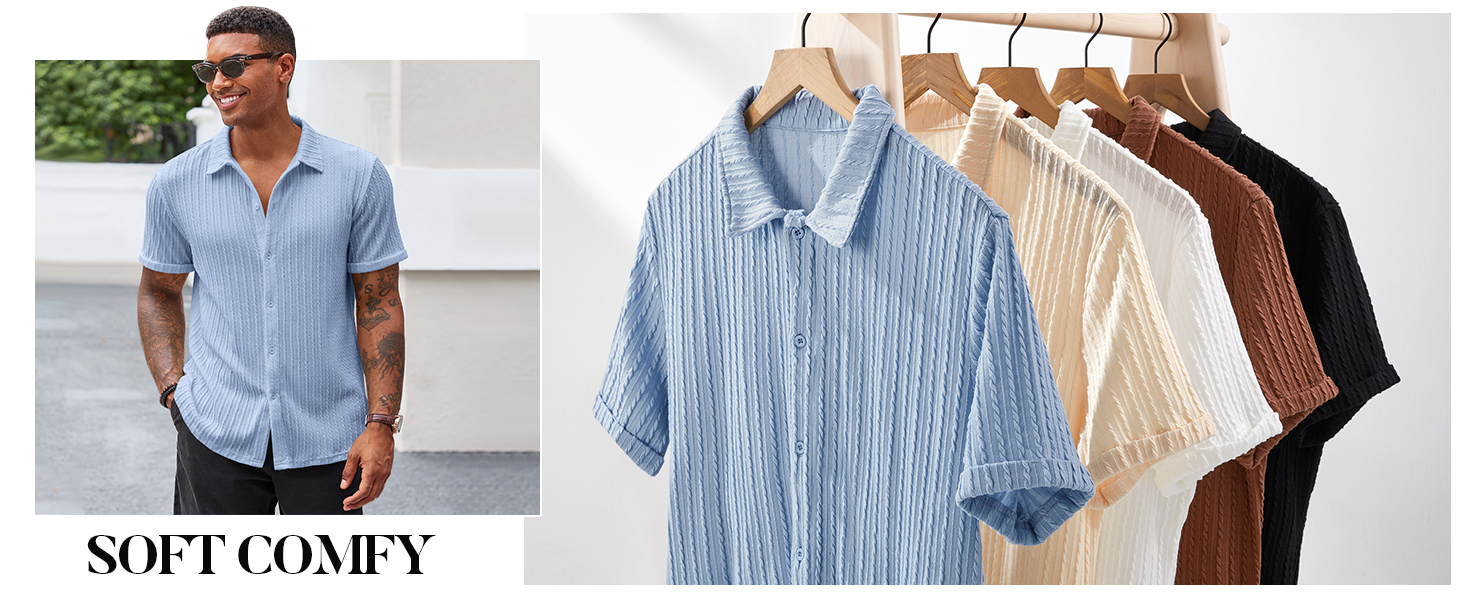 Runcati Men's Casual Button Down Shirts Short Sleeve Textured Shirt Summer Beach Tops