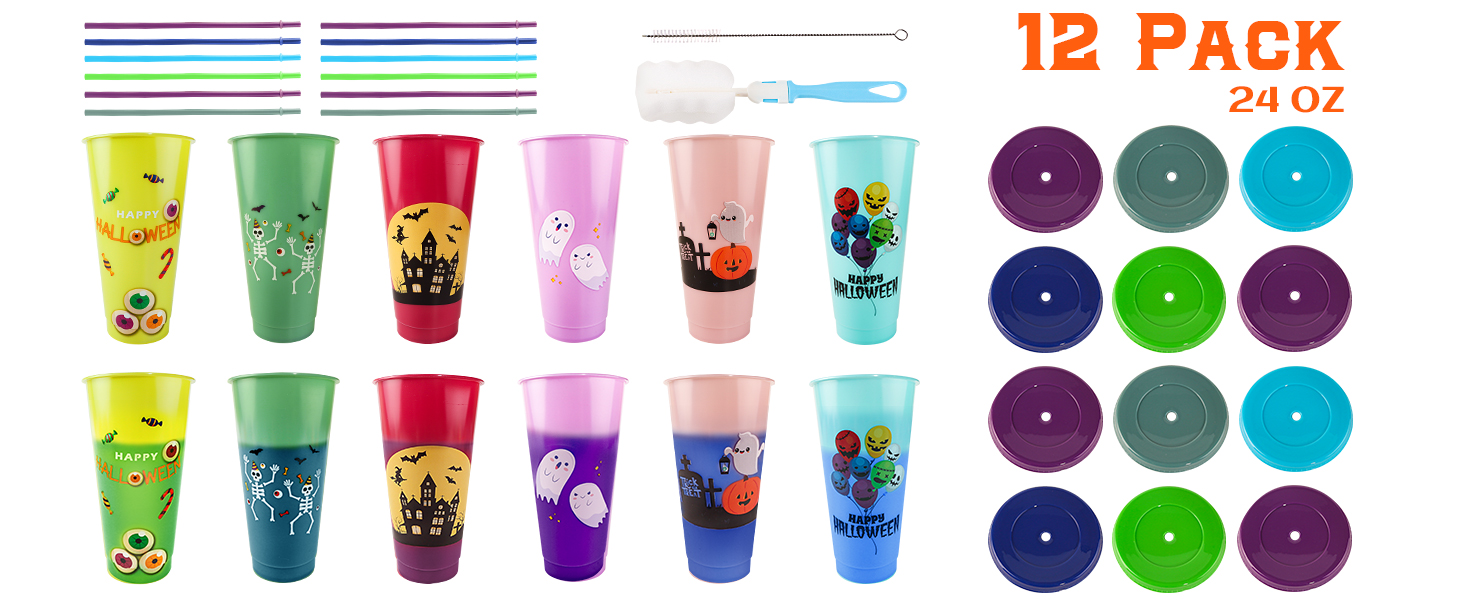12 Pack Halloween Color Changing Cups with Lids and Straws, 24 oz Plastic Tumblers