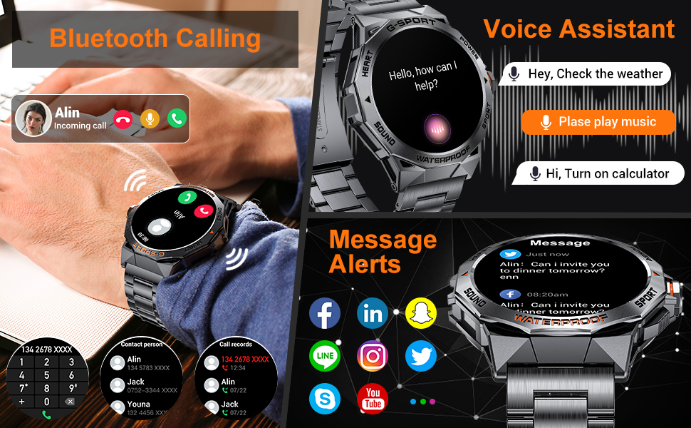 Smart watch interface displaying Bluetooth calling, voice assistant features, and message alerts with social media icons. Metal band design with digital display showing various app functionalities.